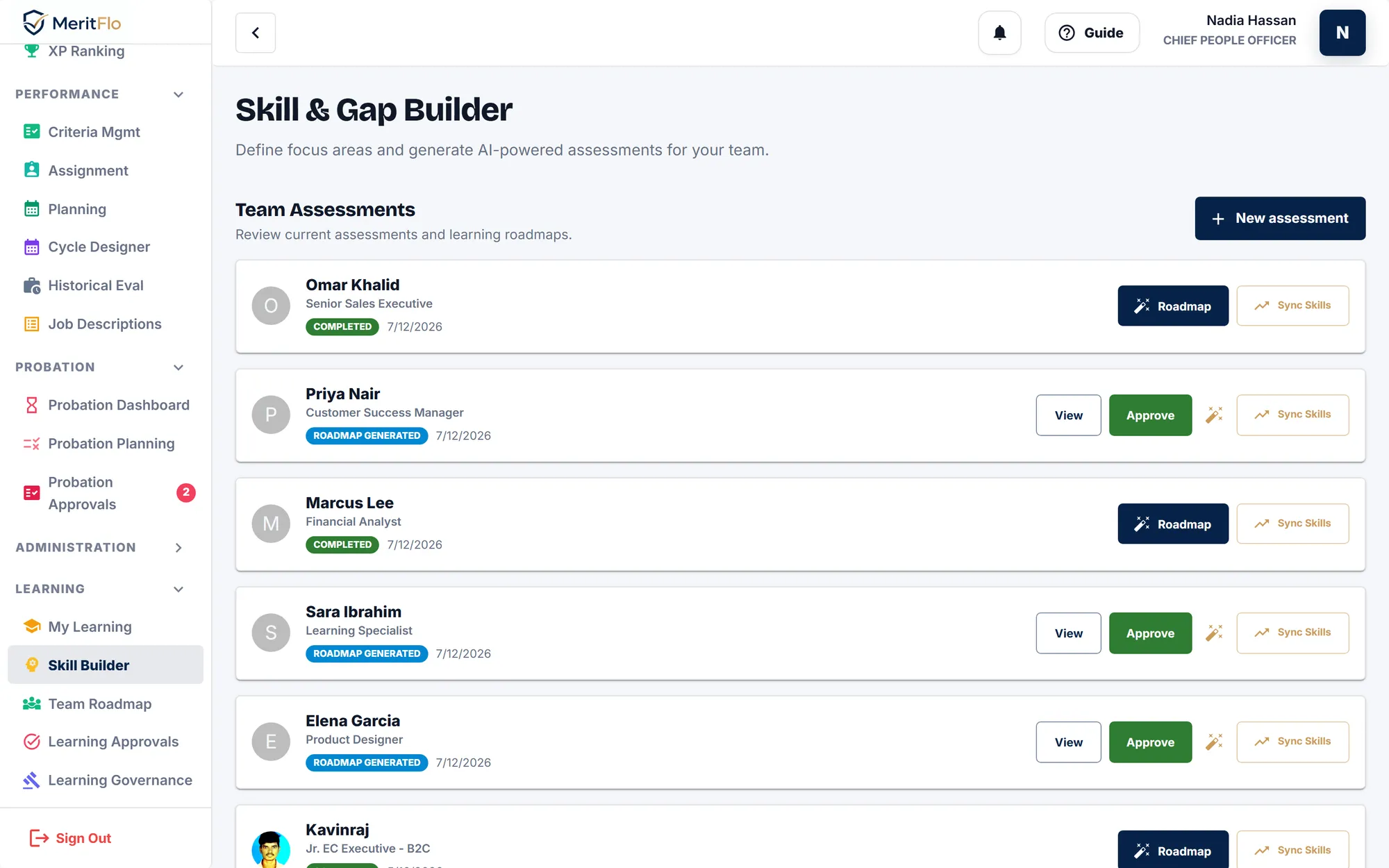 MeritFlo skill and gap builder showing team assessments with generated roadmaps and approval actions
